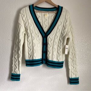 NWT Anthropologie Maeve Varsity Cable-Knit Cardigan Sweater, Ivory, S